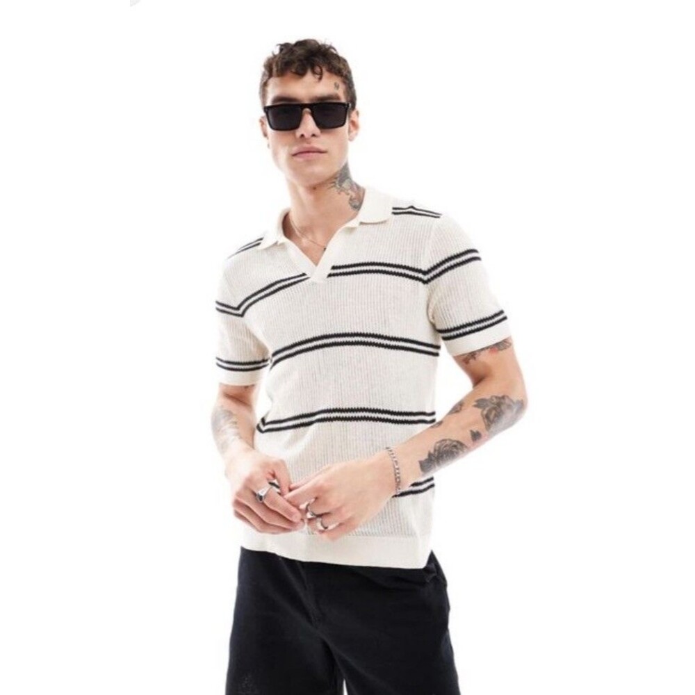 Abercrombie & Fitch Black & White Textural Striped Johnny Collar Knit Polo XXL